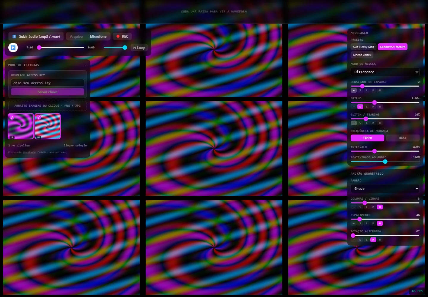 Synesthesia misturando duas texturas coloridas em uma grade, com controles de áudio e filtros nas laterais.